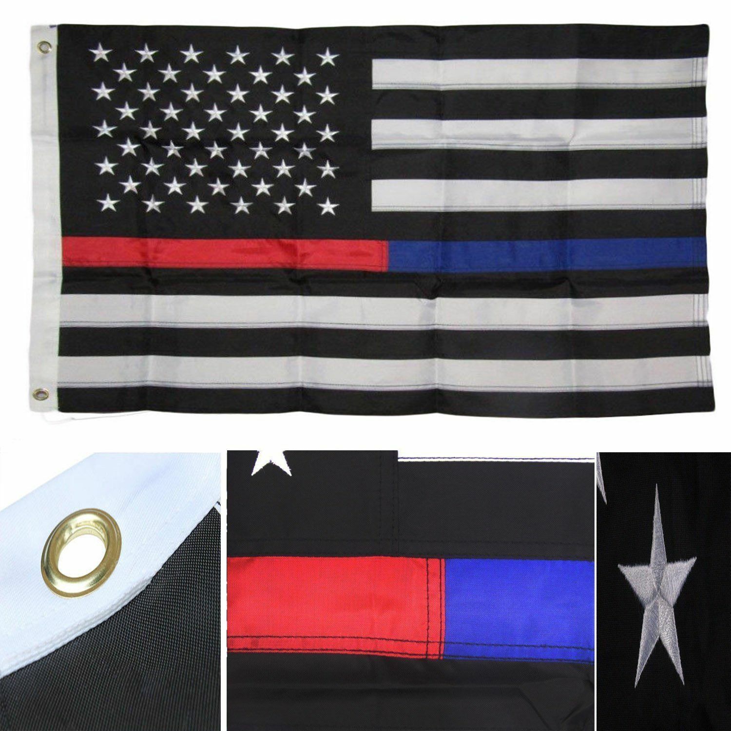 4x6 Embroidered Sewn Thin Red Blue Line USA American 210D Nylon Flag 4'x6' Clips