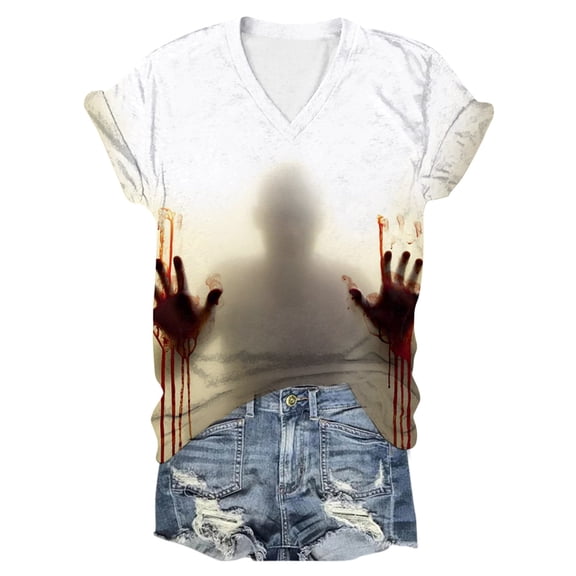 Glisme Women's Halloween T-Shirts Letter Print Short Sleeve V-Neck T-Shirt Party Loose Fit Women Tops