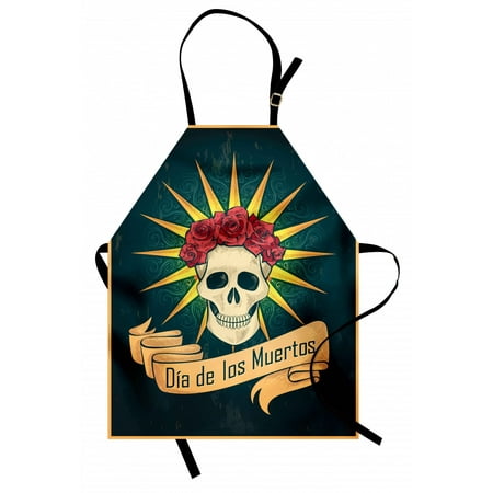 

Day Of The Dead Apron Sugar Skull with Roses and Dia de los Muertos Print Grunge Style Artwork Unisex Kitchen Bib Apron with Adjustable Neck for Cooking Baking Gardening Dark Teal by Ambesonne