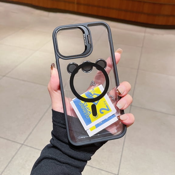 Decase Fashion Clear Stand Case for Apple iPhone 16 Pro Max,Shockproof Transparent Protective Phone Case with Lens Protector & Lens Stand & 1*Screen Protector,Magnetic Accessories Cover,Black