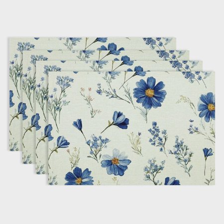 

Pratyus Blue Flower Linen Cloth Placemats Set of 4 for Elegant Dining and Home Decoration 18x12in