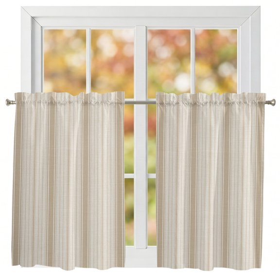 Kitchen Curtains 54 Inches length, Beige Striped Window Treatment Curtain Drapes, Modern Minimalist Stripes Farmhouse Decorative Window Curtains for Bedroom Cafe, 52"x54", 2 Panels