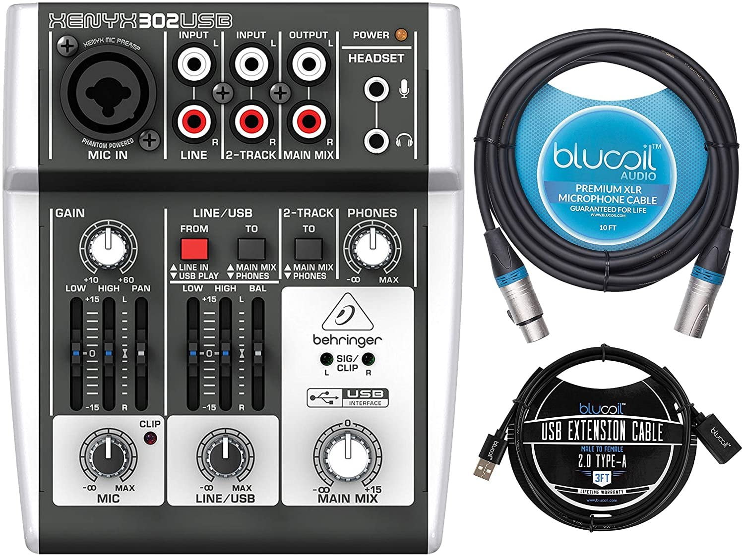 Behringer XENYX 302USB Mixer with Blucoil 10FT XLR Cable and TypeA