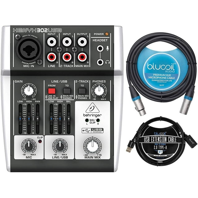 Behringer XENYX 302USB Mixer with Blucoil 10FT XLR Cable and TypeA