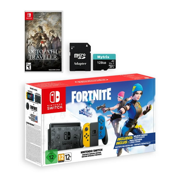 Nintendo Switch Fortnite Wildcat Edition and Game Bundle Limited Console Set Pre Installed Fortnite Epic Wildcat Outfits 2000 V Bucks Octopath Traveler Mytrix 128GB MicroSD Card and Adapter Walmart