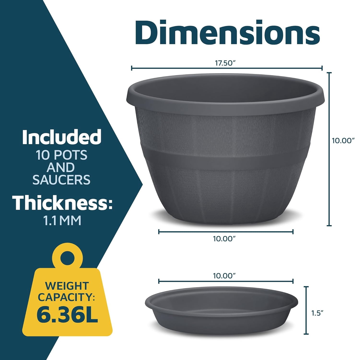 10-Inch Whiskey Barrel Planters Outdoor Pack of 10 - Durable Plastic Plant Pots for Indoor & Outdoor Use with Drainage & Saucer, Lightweight Rustic Barrel Planters for Flowers, Herbs & Small Plants