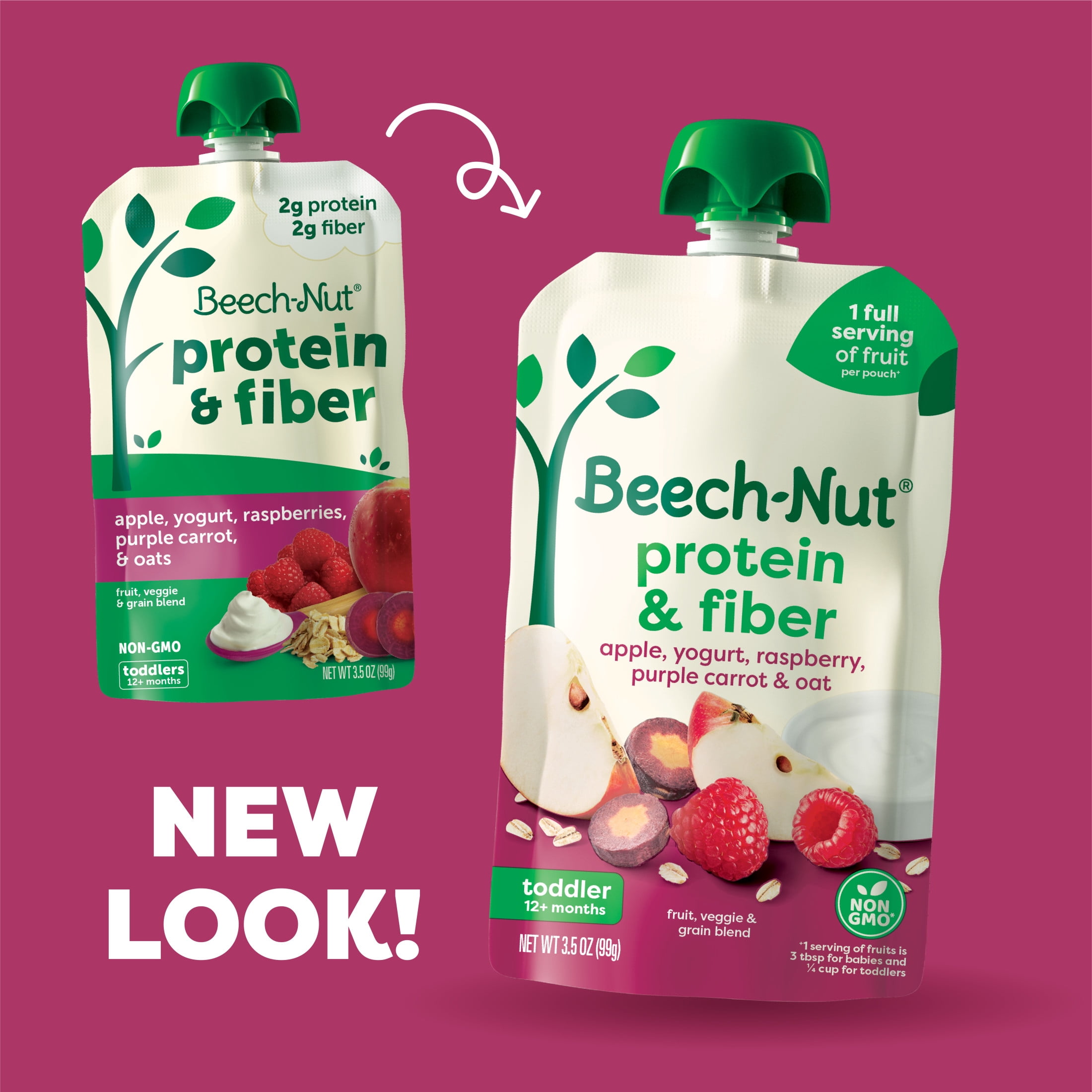 (12 pack) Beech-Nut Protein & Fiber Stage 4 Toddler Food, Apple Yogurt Raspberry Carrot Oats, 3.5oz