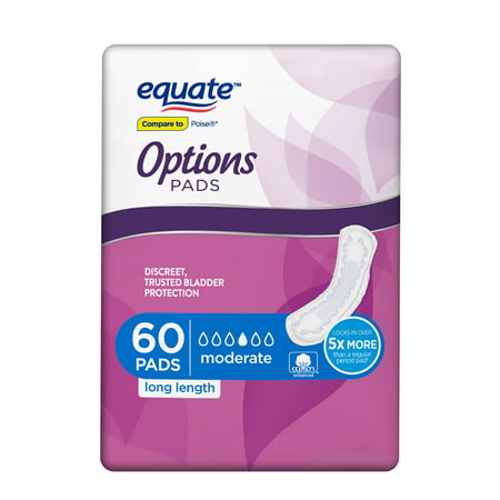Equate Options Incontinence Pads for Women, Moderate, Long, 60 Count ...