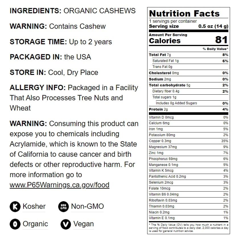 Organic Dry Roasted Whole Cashews, 8 Pounds — Non-GMO, Kosher, Vegan — by Food to Live