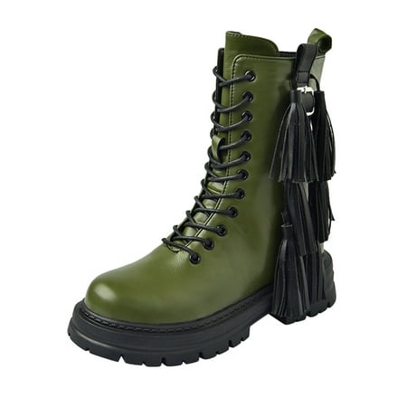 

Women Walking Shoes Ladies Fashion Solid Color Leather Lace Up Boots Tassel Side Zipper Platform Mid Boots Mid-Calf Boots for Women PU Army Green