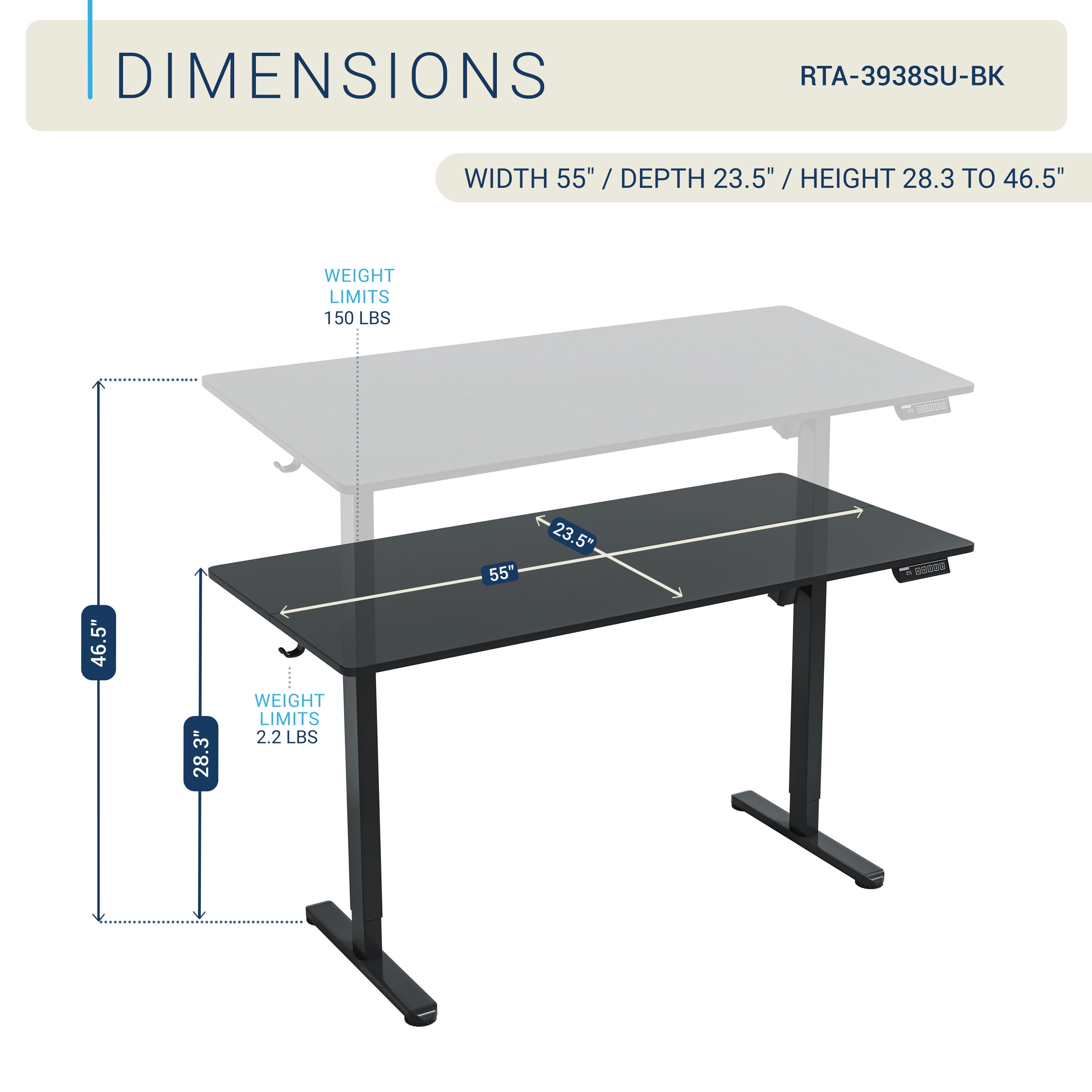 Techni Mobili 55” W Electric Standing Desk, Height Adjustable Sit-to-Stand Desk with 3 Memory Presets and Dual Accessory Hooks, Black