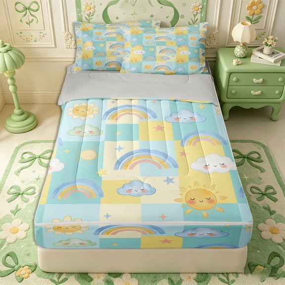 Erosebridal Pastel Watercolor Rainbow Zipper Twin Comforter Sets with Fitted Sheet and 2 Pillowcases,Patchwork Cloud Sun Zipper Bedding Set,Blue Yellow White,4-Piece,Grey Reversible