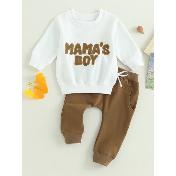 Zehjuhan Infant Baby Boy 2Pcs Cute Outfits, Toddler Long Sleeve Crew Neck "MAMA'S BOY" Letter Print Sweatshirt Pants Fall Winter Casual Clothes Set