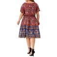 thumbnail image 3 of GRACE & GRANDEUR Robe Midi d'Été Bohème à Fleurs pour Femme Grande Taille, Col en V, Manches Courtes Évasées 4X Bleu Rouge, 3 of 6