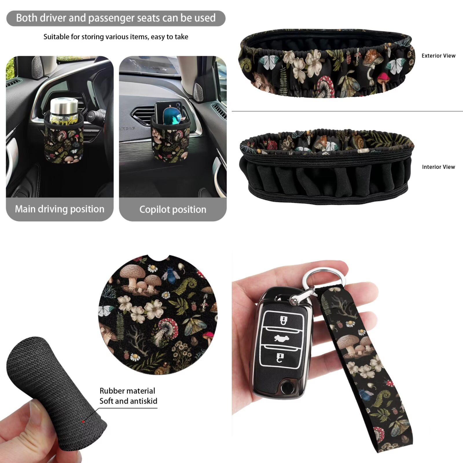 Uorisanigo Aesthetic Mushroom 15 PCS Car Seat Cover Full Set, Universal Front and Back Seat Covers Steering Wheel Cover Seat Belt Strap Pads Coaster Trash Bin Air Vent Pouch Keychain Rearview Cover