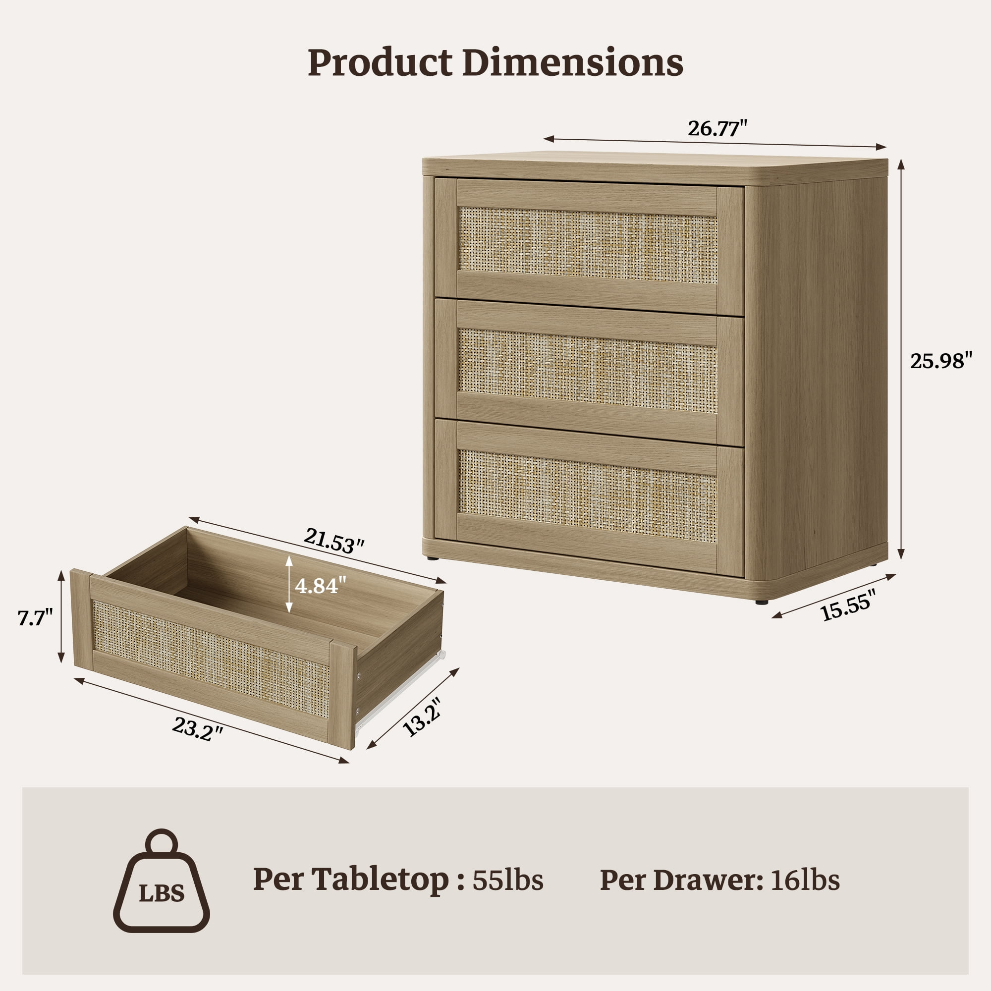 SICOTAS 26.77"W Boho 3-Drawer Nightstand, Curved Rattan Nightstand Dresser with Pop-up Drawers & Slide Rails, Farmhouse Bedside Table, End Side Table for Bedroom, Living Room, Natural Oak
