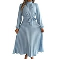 thumbnail image 5 of Spencer Women's Belted Midi Shirtdress Long Sleeves Dress, Spring Fall Casual Turtleneck Pleated A Line Flowy Dresses, Size S-XL, 5 of 11
