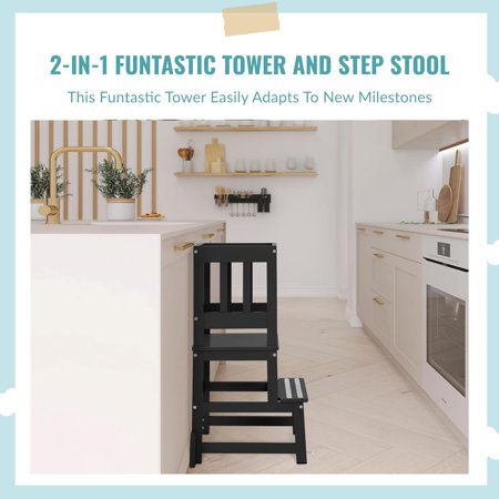 2-in-1 Funtastic Tower and Step Stool, Easy to Assemble, Multi-Purpose Stool with Non-Toxic Paint Finish, Made of Solid Pinewood, Black