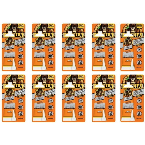 Gorilla Heavy Duty Construction Adhesive, 2.5 ounce Squeeze Tube, White, Pack of 10