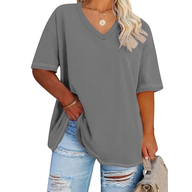 Hecho para Más Camisa Mujeres de Cuello en V de Gran Tamaño de Manga Corta Top Sólido, Base de Verano Deportivo Tee para el Uso Diario Y Casual Del Hogar, Bastidor de Imitación Ligero