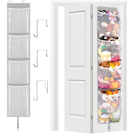 Stuffed Animal Storage Over Door, Hanging Toy Organizer, Plush Doll & Bear Baby Accessory Holder Idea for Nursery, 12 Inch Wide Mesh Bag for Bi-Fold Door Closet Girl Boy Kid