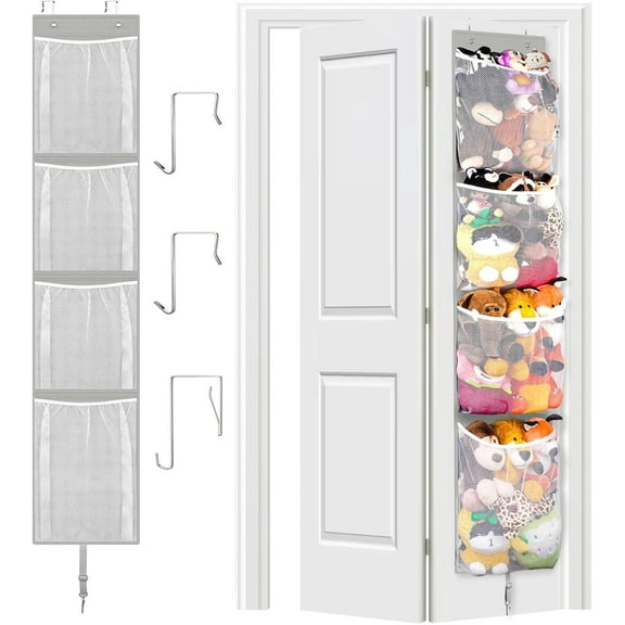 Stuffed Animal Storage Over Door, Hanging Toy Organizer, Plush Doll & Bear Baby Accessory Holder Idea for Nursery, 12 Inch Wide Mesh Bag for Bi-Fold Door Closet Girl Boy Kid