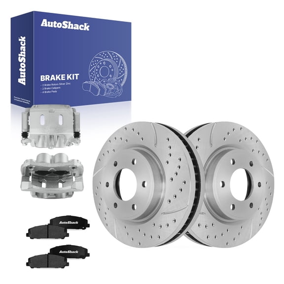 AutoShack Front Vented Drilled & Slotted Silver Zinc Coated Brake Rotors   Ceramic Pads   Calipers 8-PC Brake Kit Replacement for 2017-2024 Nissan TITAN SilverShield Pro 13.77" (349.7 mm)