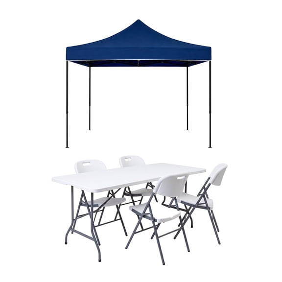 Combo de Mesa y 4 Sillas Plegables con Toldo Azul Impermeable