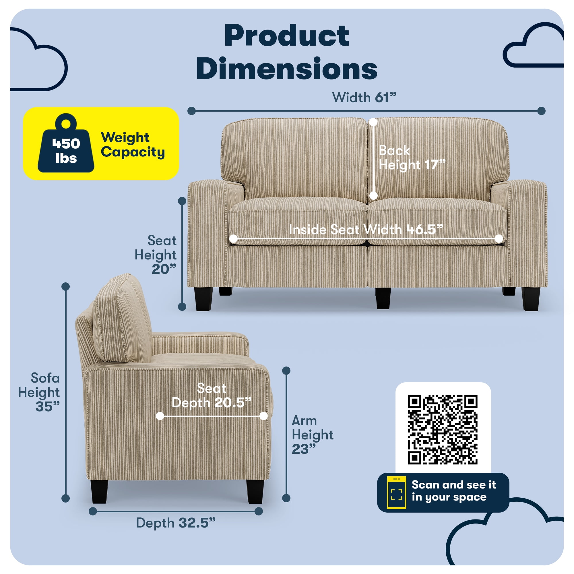 Serta Palisades 61" Track Arm Sofa, Easy Care Polyester, Loveseat for Small Spaces, Beige