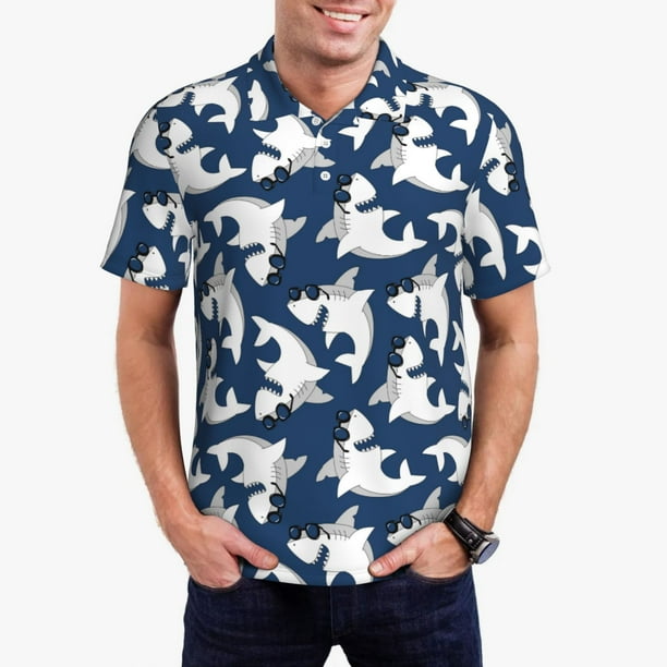 Fotbe Shark Camiseta Polo de Golf para Hombre con Estampado – Camisa Deportiva Transpirable con Cuello Abotonado-Medium