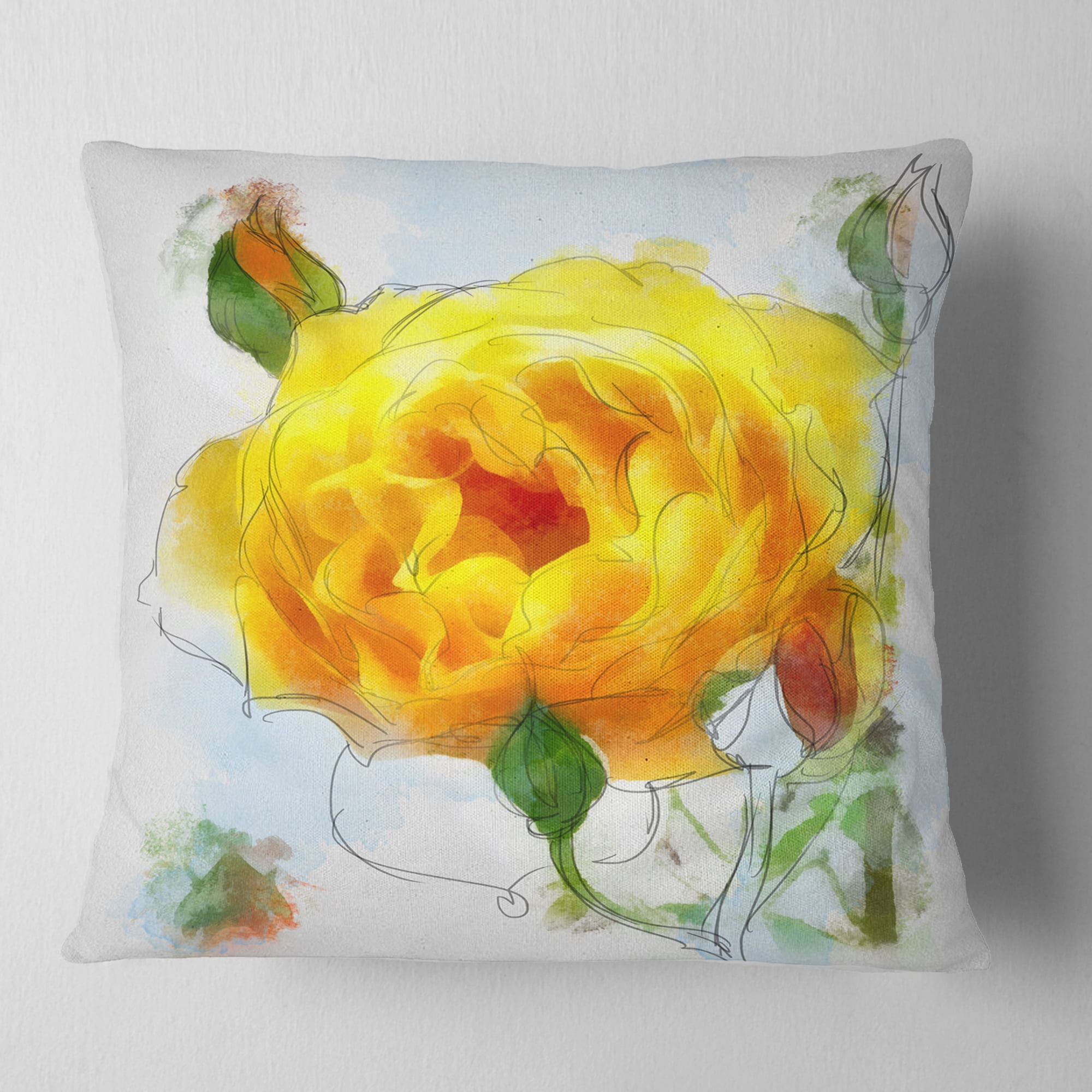 Designart Yellow Rose with Rose Buds Sketch - Floral Throw Pillow - 16x16