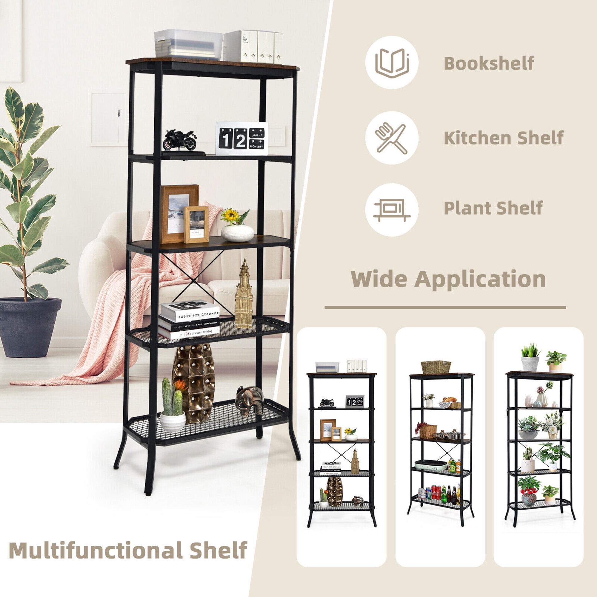 Gymax Fashion 5 Tier Bookshelf Standing Storage Shelf Unit for Kitchen Living Room Office