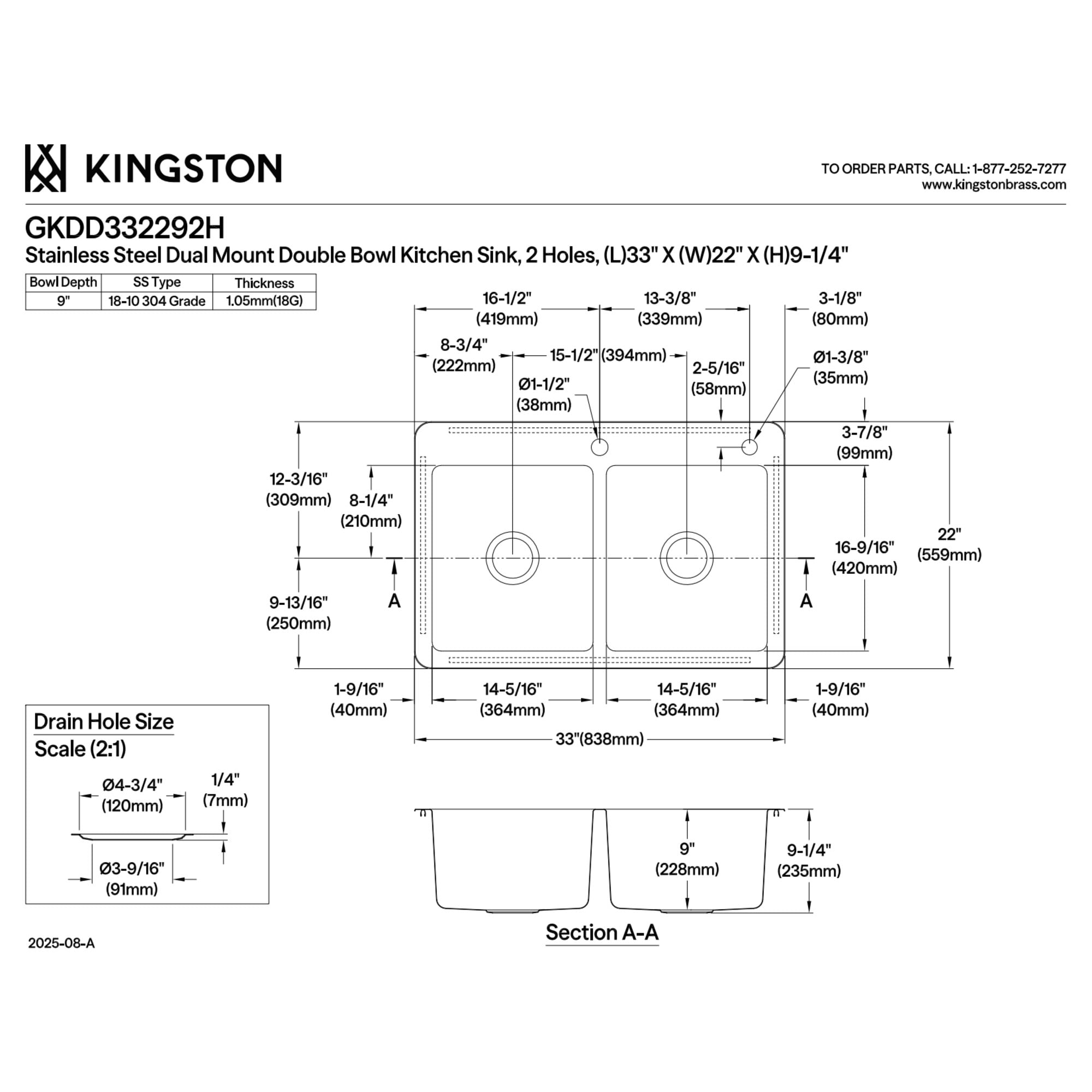 Kingston Brass GKDD332292H Calgary 33-Inch Stainless Steel Double Bowl Dual Mount Kitchen Sink with Drain in Brushed