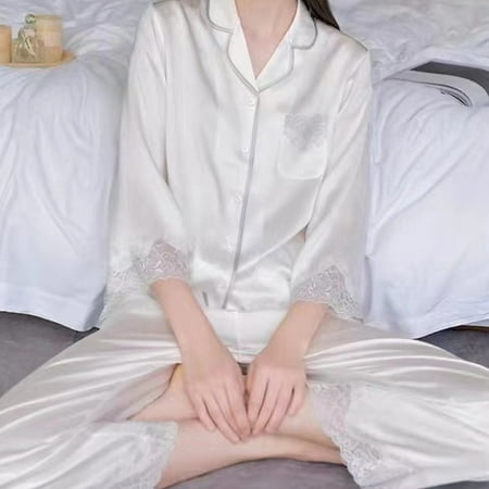 Royal Exclusive Heavy duty Silk Pajamas for Women in Spring Summer and Autumn Silkworm Silk Long Sleeve Lace Home Clothes Set Can be worn externally