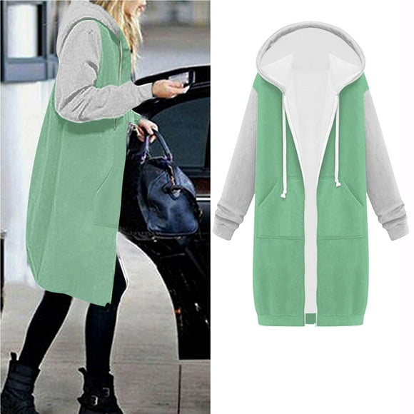 zanvin Clearance Women's Solid Color Jacket Thickening And Fleece And Winter Casual Zipper Long Sleeve Pocket Hooded Long Sweater,Mint Green,M