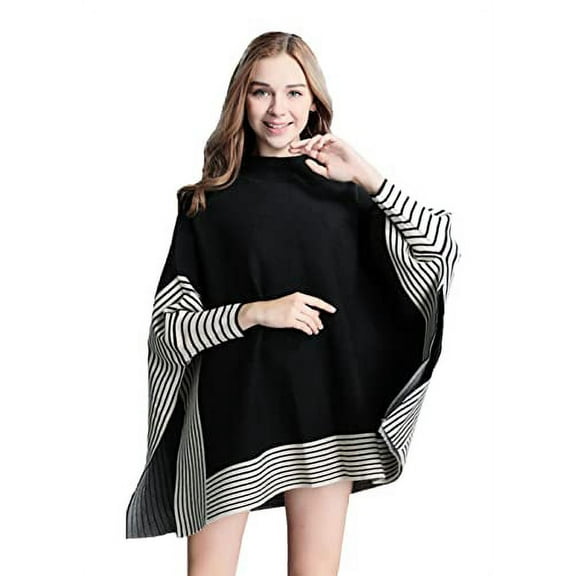 Styles I Love Women Autumn Winter Striped Poncho Knit Pullover Mock Neck Sweater Batwing Sleeve Oversized Jumper Top (Black)