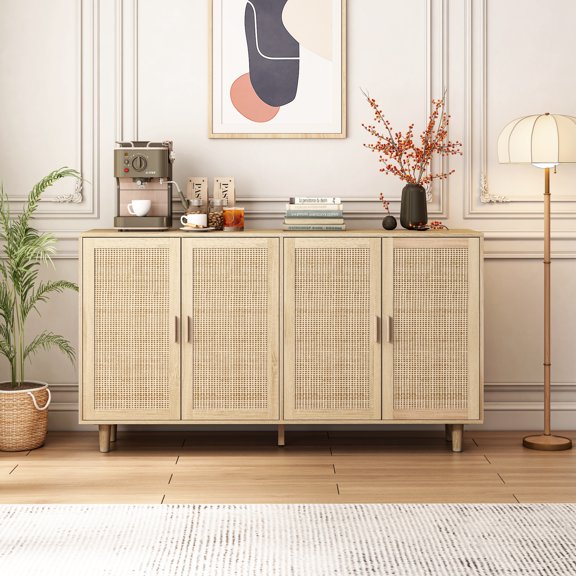 62.20"Elegant and Functional 4-Door Rattan Decorative Storage Cabinet,for Bedroom,Living Room,Office,Easy Assembly
