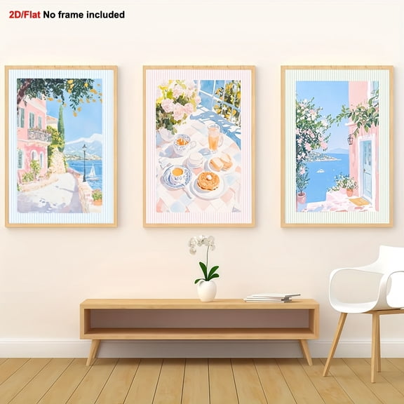 3pcs Italian Coast Frameless Canvas Wall Art Set - Amalfi Coast, Positano & Tuscany Watercolor Paintings, Pastel Pink & Blue Mediterranean Posters for, Italian-Themed Home Decor, Housewarming Gift,