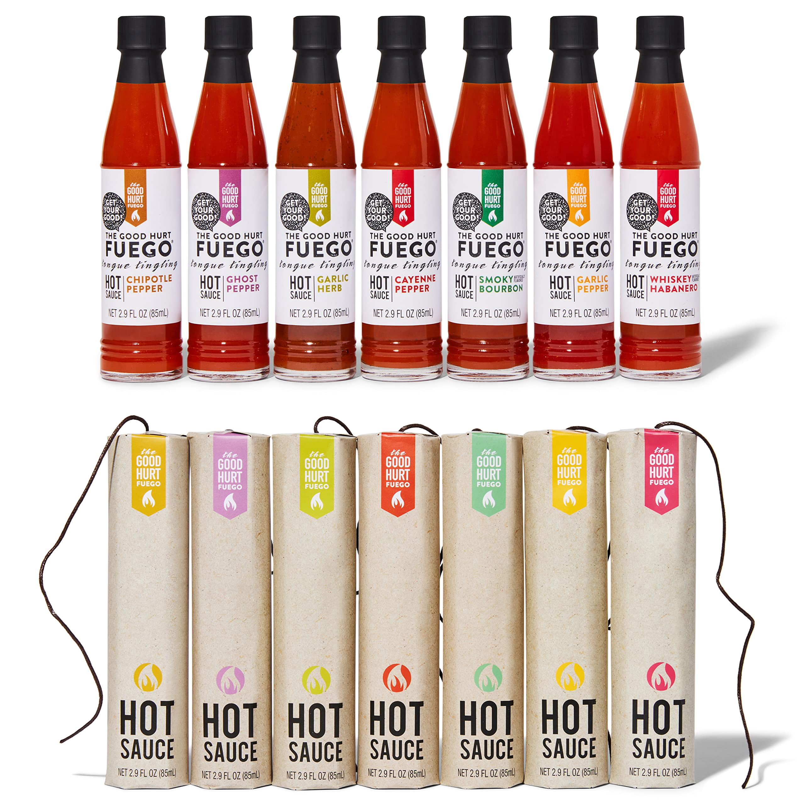 Thoughtfully The Good Hurt Fuego Hot Sauce Variety Pack, Different Flavors and Peppers from Around the World, Allergen-Free, Sampler Set for Father's Day Gifts, 7 Pack