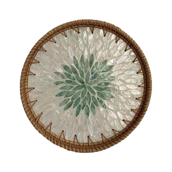 Round Rattan Serving Tray with Mother of Pearl Inlay Hand Woven ξ√ √ι β' `μ #л B8Q0