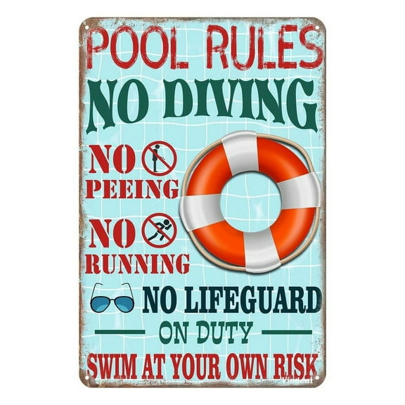 Metal Sign Pool Rules Swim At Your Own Risk Wall Art Funny Swimming Pool Signs Decor Outdoores Size: 8 x 12 Inches