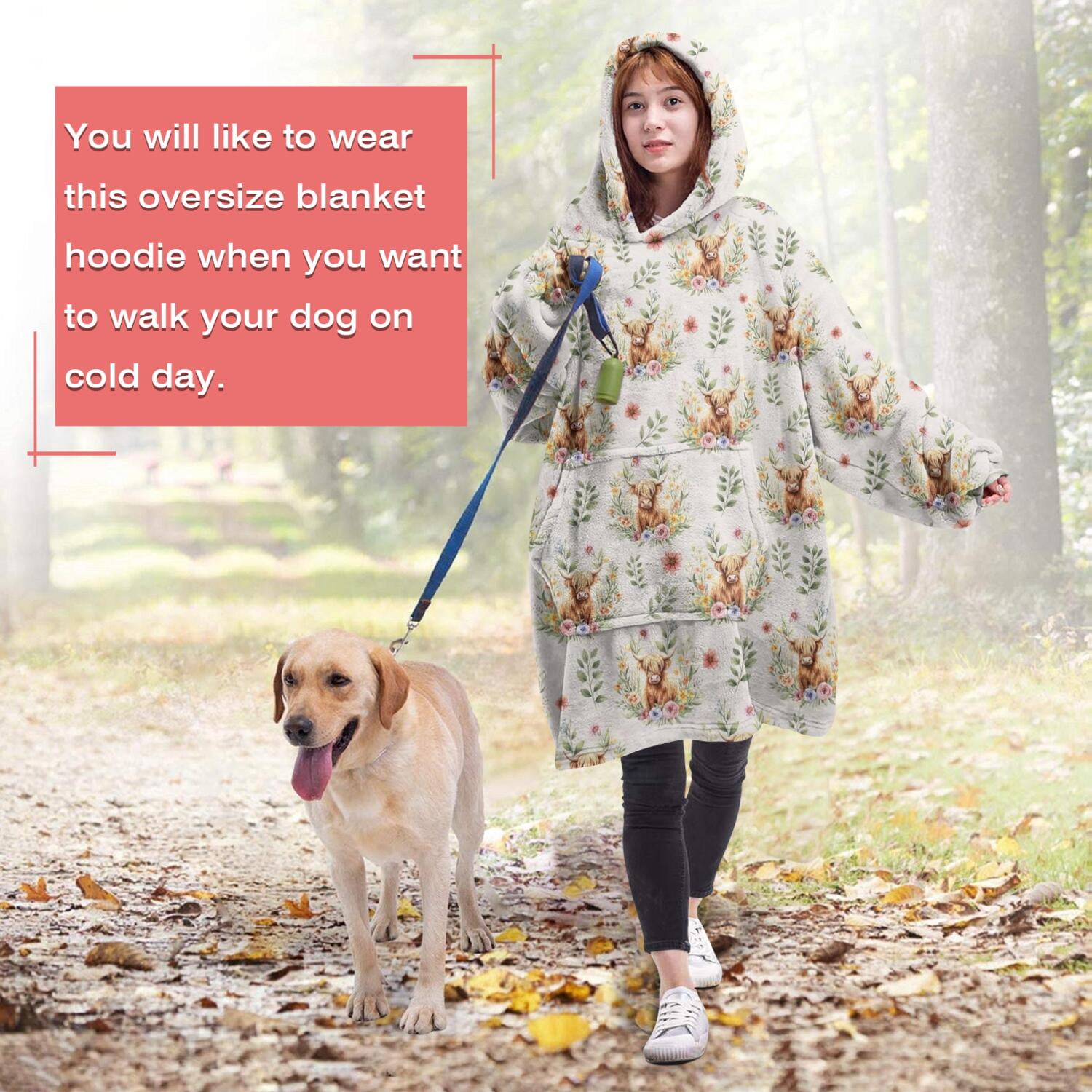 Beige Highland Cow Flower Pattern Wearable Oversized Blanket,Wearable Blanket Hoodie for Adults,Cozy Hooded Blankets with Super Pockets,Super Warm Fuzzy Pullover for Women & Men