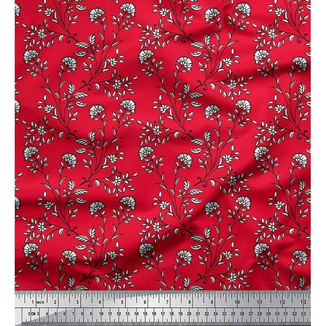 Soimoi Polyester Crepe Fabric Leaves & Floral Block Print Fabric by Yard 42 Inch Wide