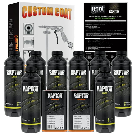 U-POL Raptor Black Urethane Spray-On Truck Bed Liner Kit w/ FREE Custom Coat Spray Gun with Regulator, 8 Liters