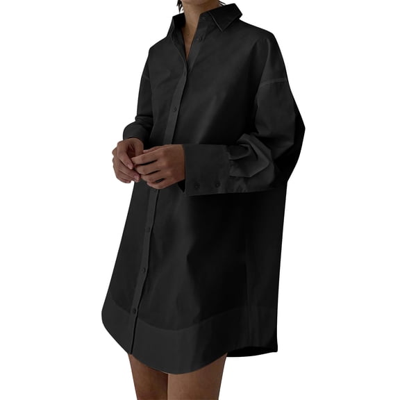 Duoif Womens Dresses, Shirt Dress Collar Top, V-Neck Long Sleeve Dresses for Women Black L