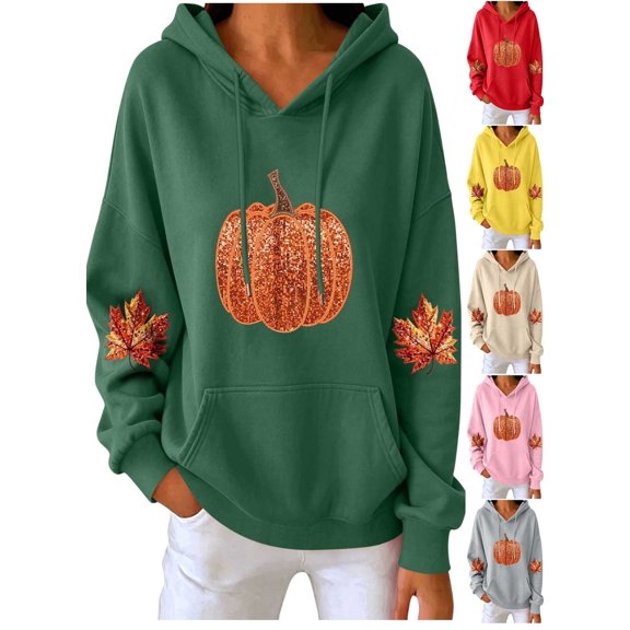 FchengtaiS Fall Pumpkin Printed Hoodies for Women Long Sleeve Fleece Sweatshirt Halloween Thanksgiving Pullovers Tops