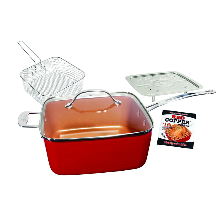 Pottella Deep Square 9.5” Nonstick Copper Pan Chef 5 Piece Set Frying  Basket, Steamer Tray with Bonus World Cuisine Cookbook
