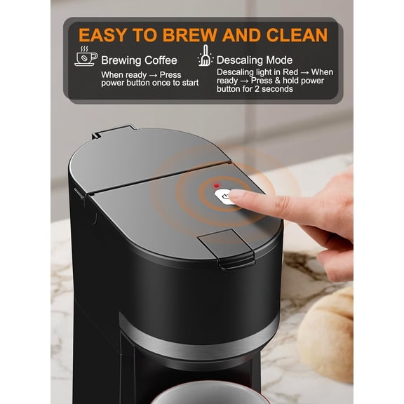 Single Serve Coffee Maker for K-Cup and Ground Coffee, Fast Brew, 6-12 oz Brew Sizes One Cup Coffee Machine Fits 5.5" Mugs, One-Button Small Coffee Maker with Descaling Reminder,Black