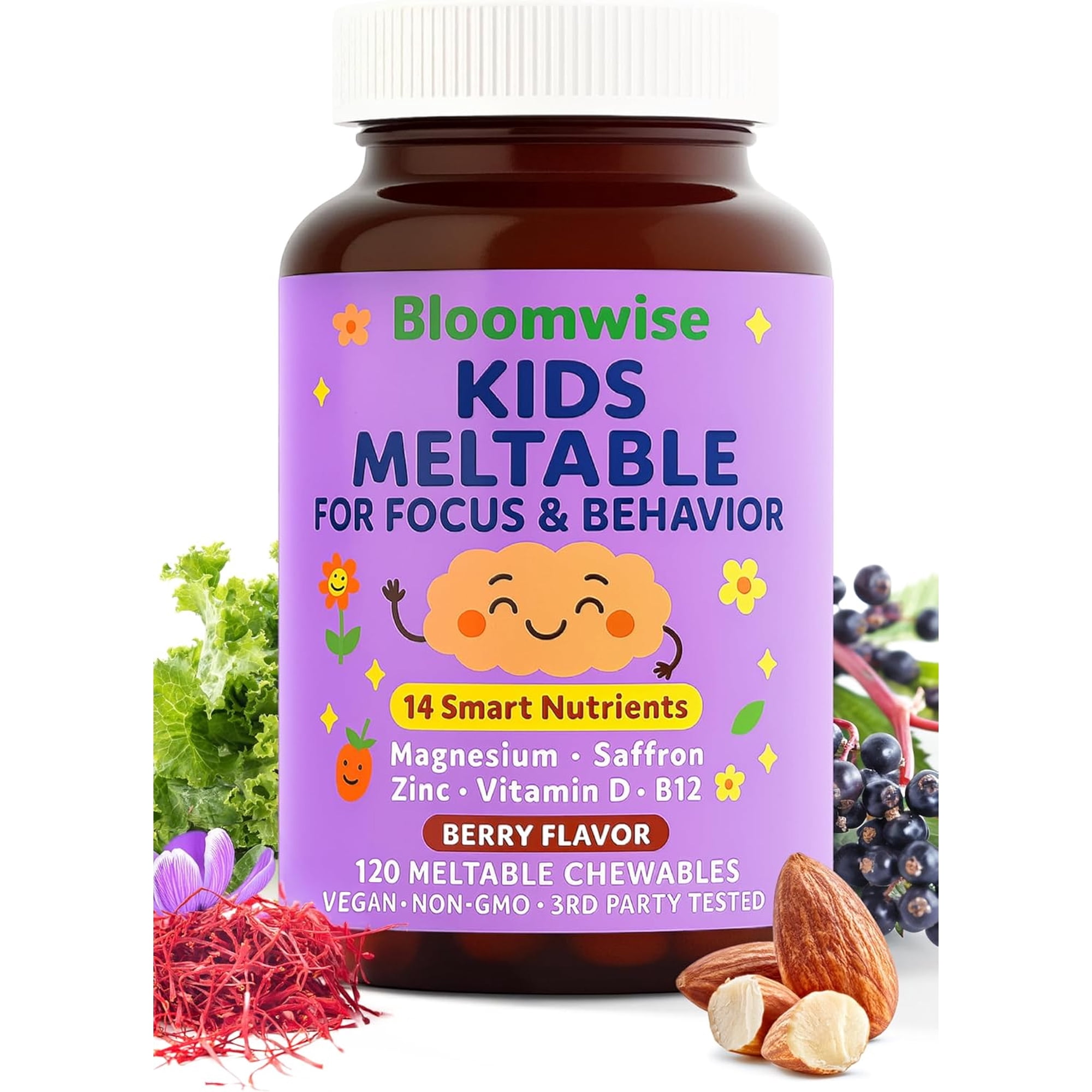 Bloomwise Kids Meltable Supplements, Magnesium Glycinate, Saffron, L-Theanine, Myo-Inositol, Choline, Taurine, Probiotic Blend, Prebiotic, Elderberry, Vitamin D3, C, A, Folate, Zinc 120 Berry Tablets