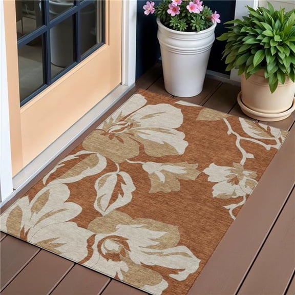 HomeRoots 589584 3 x 5 ft. Floral Washable Indoor & Outdoor Rectangle Area Rug, Terra Cotta & Beige